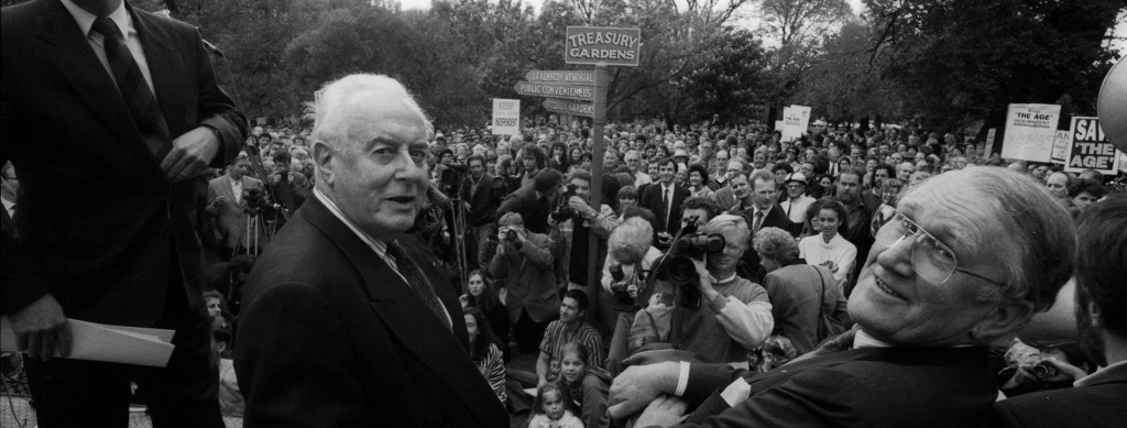 In 1991, former PMs Whitlam and Fraser were photographed at a rally in support of the free media and the Age newspaper, making waves as they did so. The two men found much in common after the unpleasantness of the 1975 dismissal, an event they never discussed. Credit: Fairfax Media
